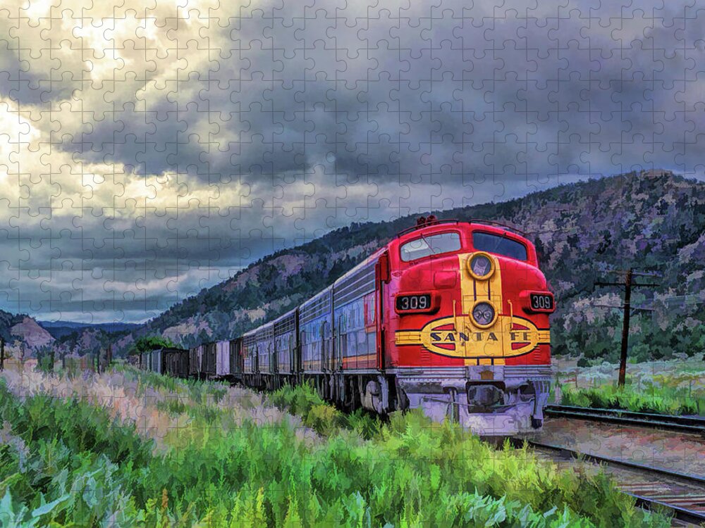 Train Jigsaw Puzzle featuring the painting Warbonnet F7 Santa Fe Locomotive by Christopher Arndt