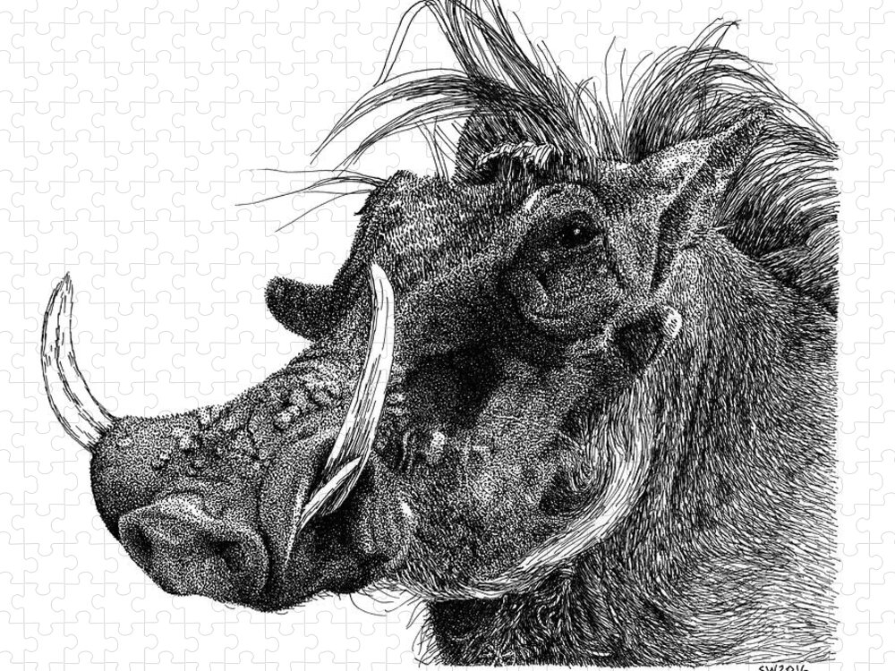 Warthog Jigsaw Puzzle featuring the drawing Warthog by Scott Woyak