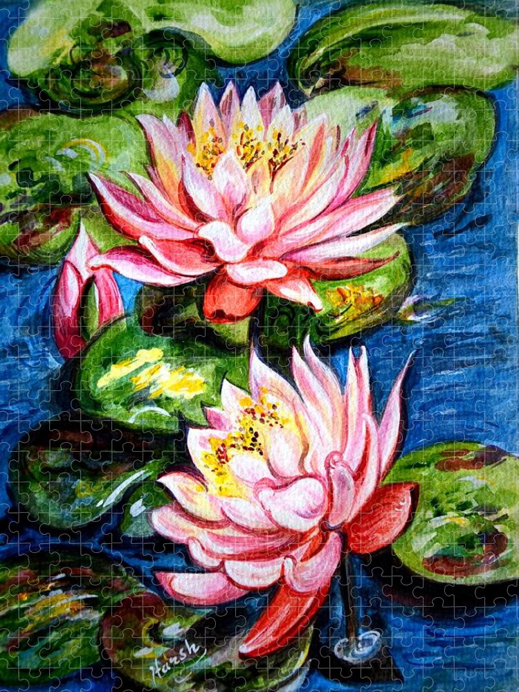 Water Lilies Jigsaw Puzzle featuring the painting Water Lilies by Harsh Malik