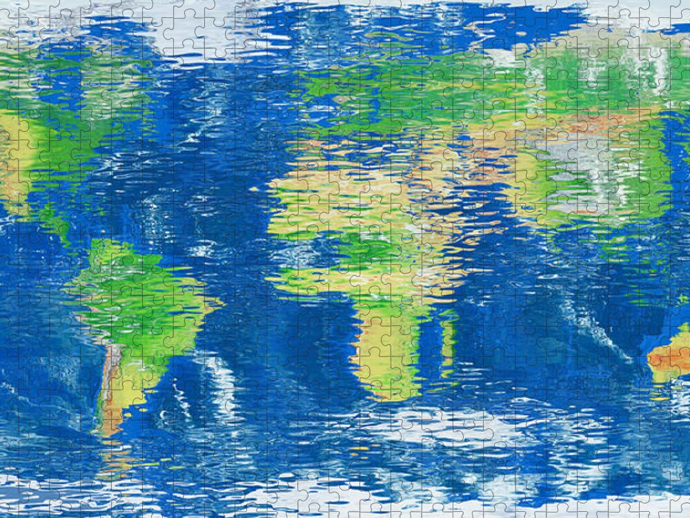Map Jigsaw Puzzle featuring the digital art Water reflection world map by Frans Blok