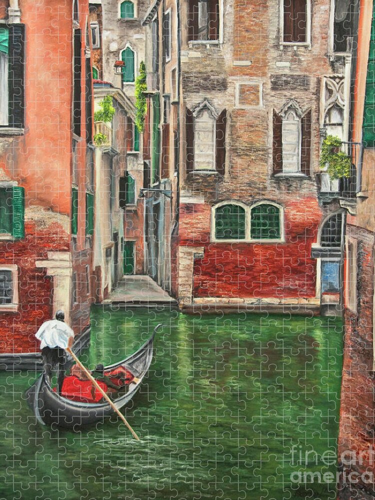 Venice Paintings Jigsaw Puzzle featuring the painting Water Taxi On Venice Side Canal by Charlotte Blanchard