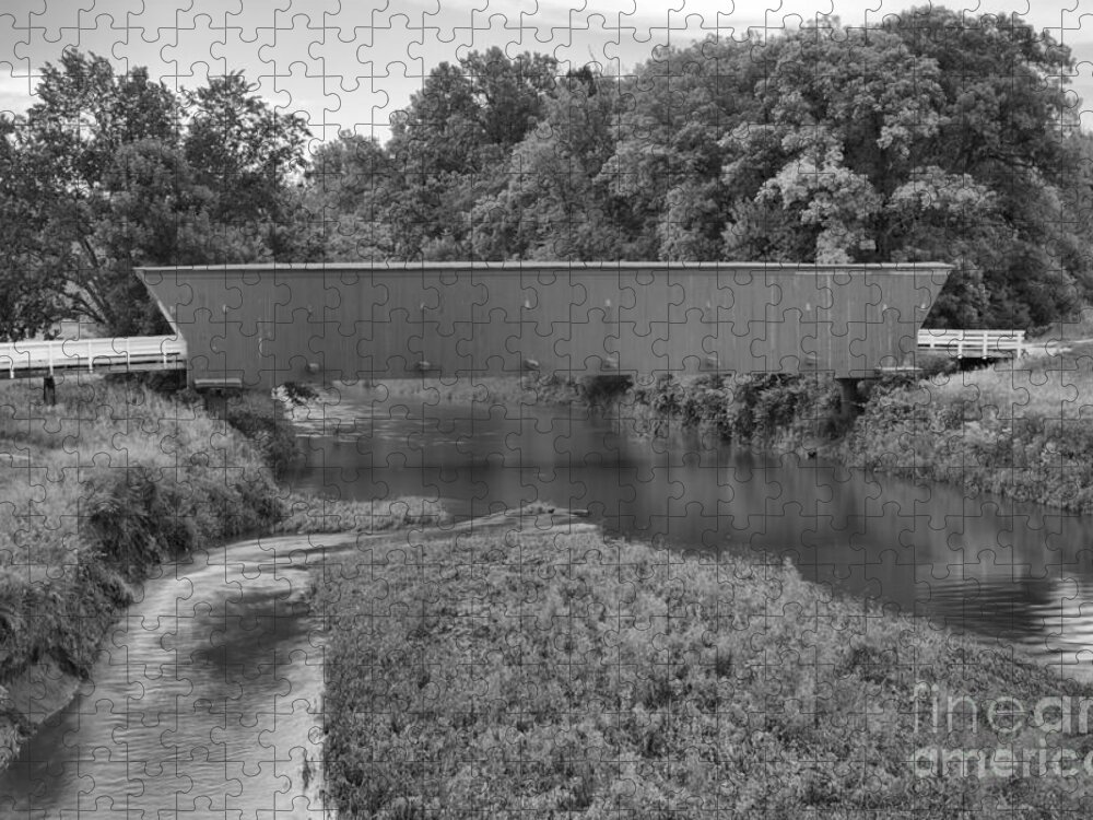 Hogback Covered Bridge Jigsaw Puzzle featuring the photograph Water Under The Hogback Bridge Black And White by Adam Jewell