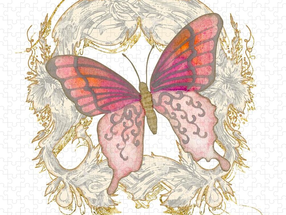 Vintage Jigsaw Puzzle featuring the painting Watercolor Butterfly with Vintage Swirl Scroll Flourishes by Audrey Jeanne Roberts