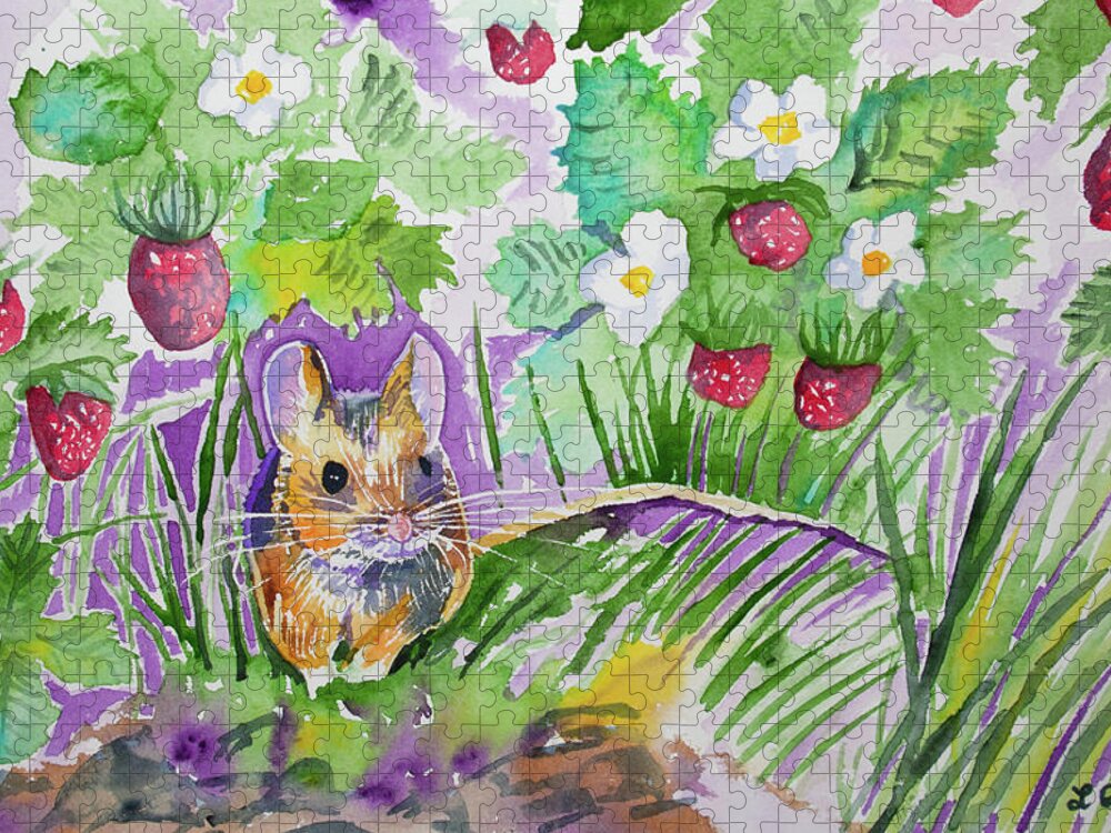 Field Mouse Jigsaw Puzzle featuring the painting Watercolor - Field Mouse with Wild Strawberries by Cascade Colors
