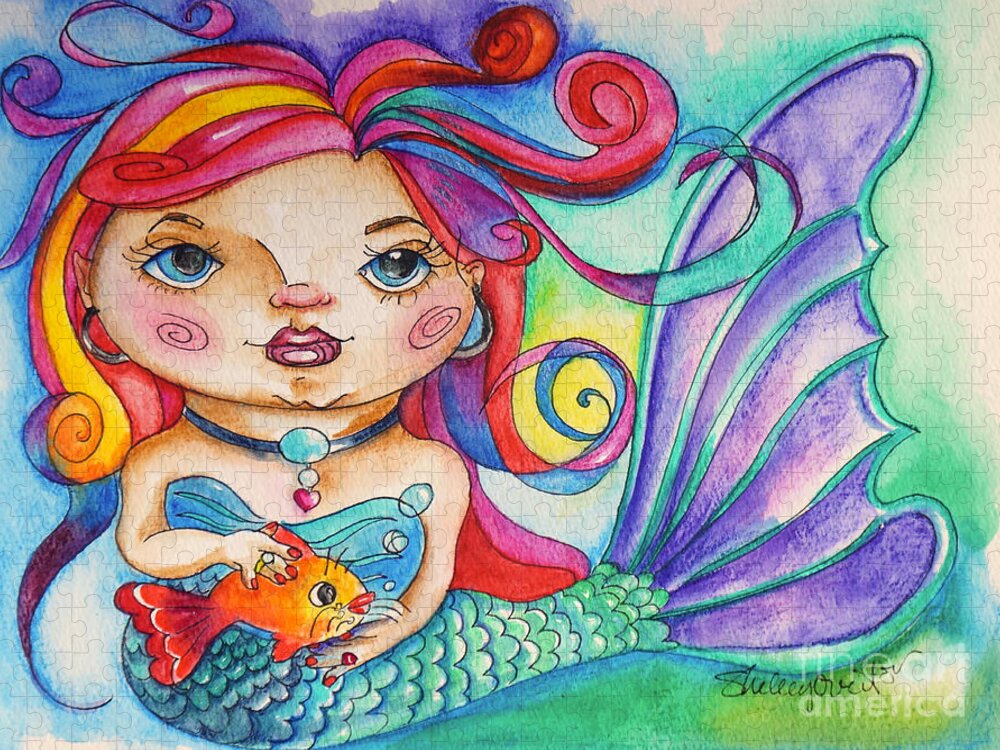 Mermaid Jigsaw Puzzle featuring the mixed media Watercolor Mermaidia Mermaid Painting by Shelley Overton