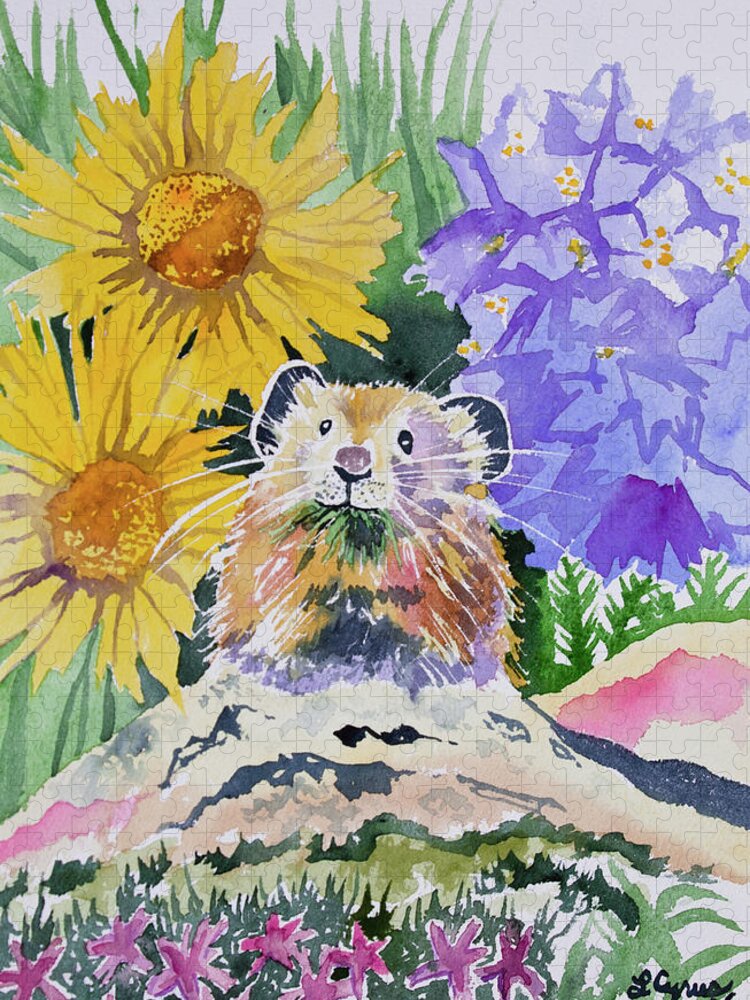 Pika Jigsaw Puzzle featuring the painting Watercolor - Pika with Wildflowers by Cascade Colors
