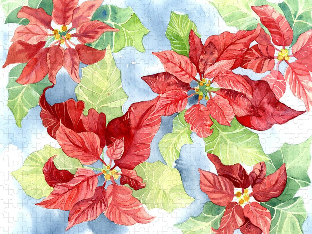 Poinsettia Jigsaw Puzzle featuring the painting Watercolor Poinsettias Christmas Decor by Audrey Jeanne Roberts