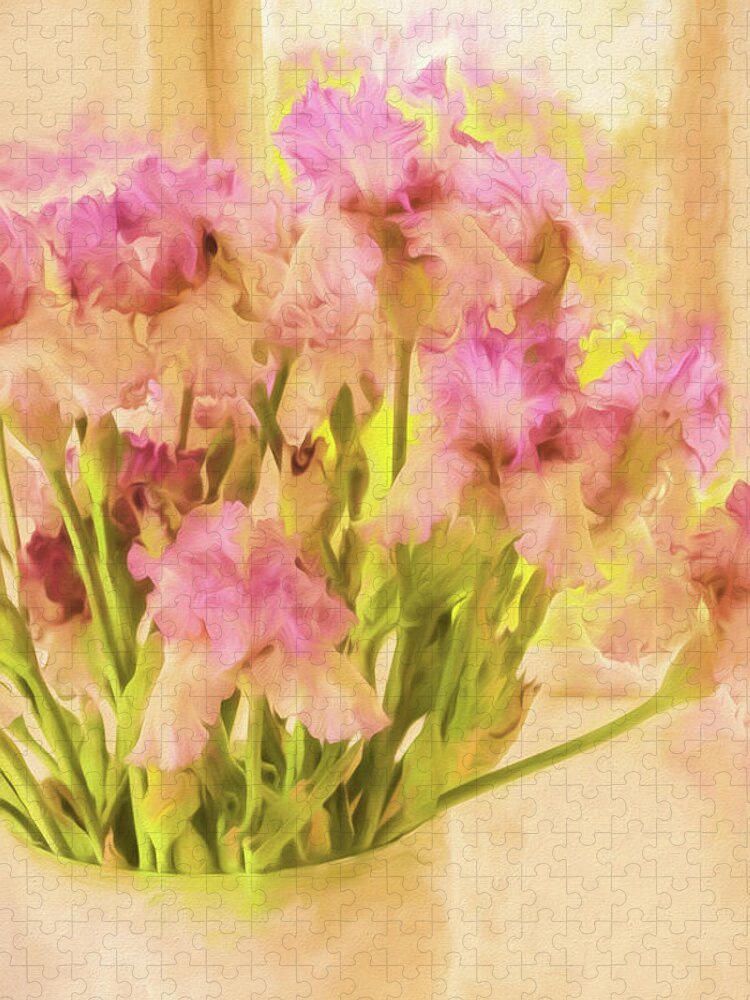 Watercolor Print Jigsaw Puzzle featuring the painting Watercolor Pot of Irises by Bonnie Bruno