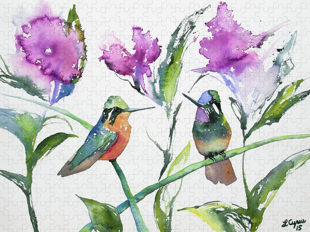 Purple-throated Mountain Gem Jigsaw Puzzle featuring the painting Watercolor - Purple-throated Mountain Gems and Flowers by Cascade Colors