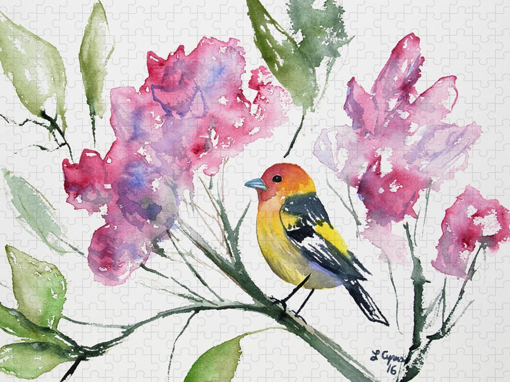 Western Tanager Jigsaw Puzzle featuring the painting Watercolor - Western Tanager in a Flowering Tree by Cascade Colors