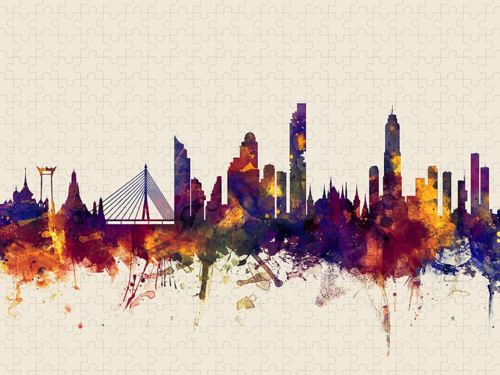 Watercolour Puzzle featuring the digital art watercolour, watercolor, urban, Bangkok, Bangkok skyline, bangkok cityscape, city skyline, thailand by Michael Tompsett