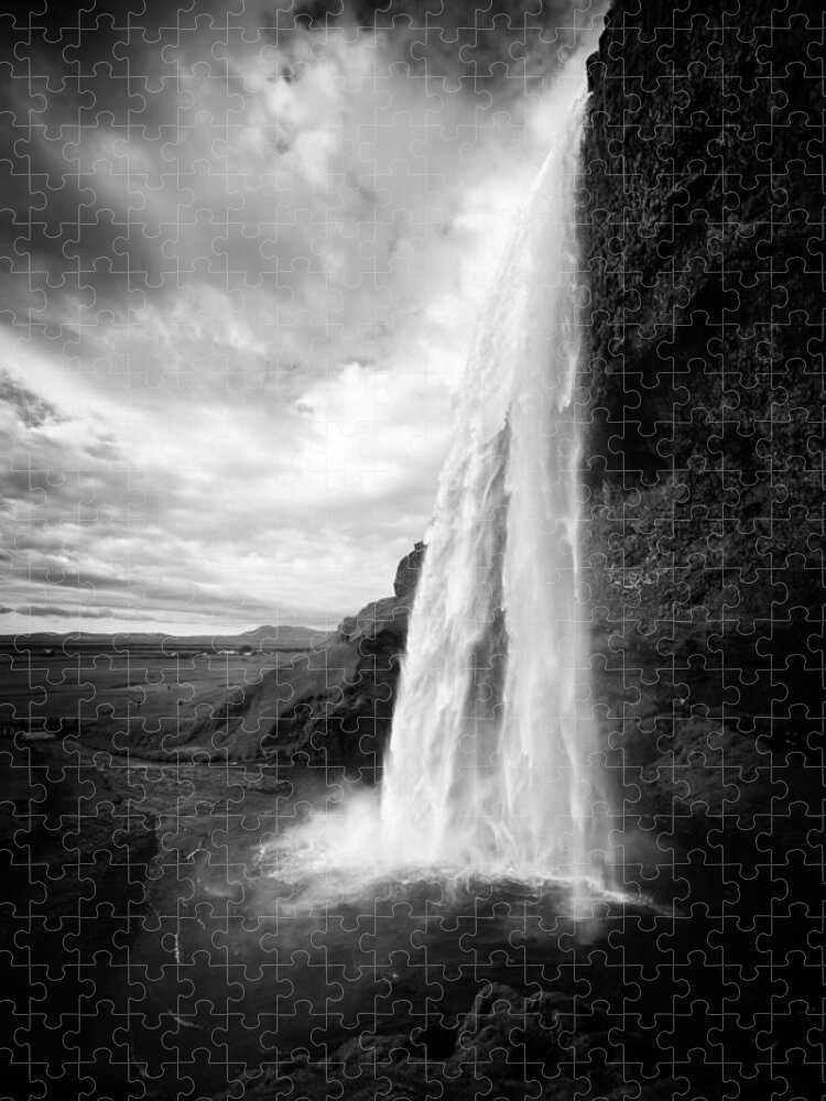 Iceland Jigsaw Puzzle featuring the photograph Waterfall in Iceland black and white by Matthias Hauser