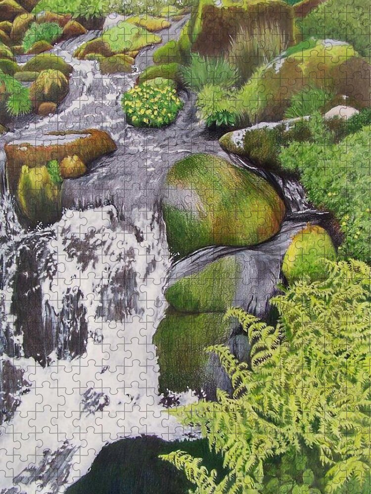 Waterfall Jigsaw Puzzle featuring the mixed media Waterfall on Skye by Constance Drescher