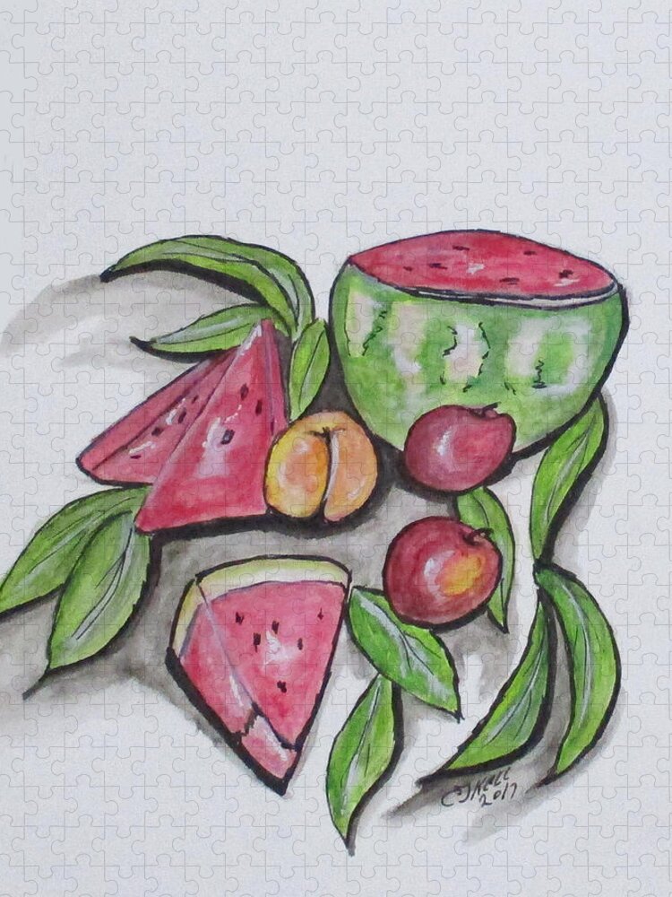 Fruit Jigsaw Puzzle featuring the painting Watermelons And Apples by Clyde J Kell