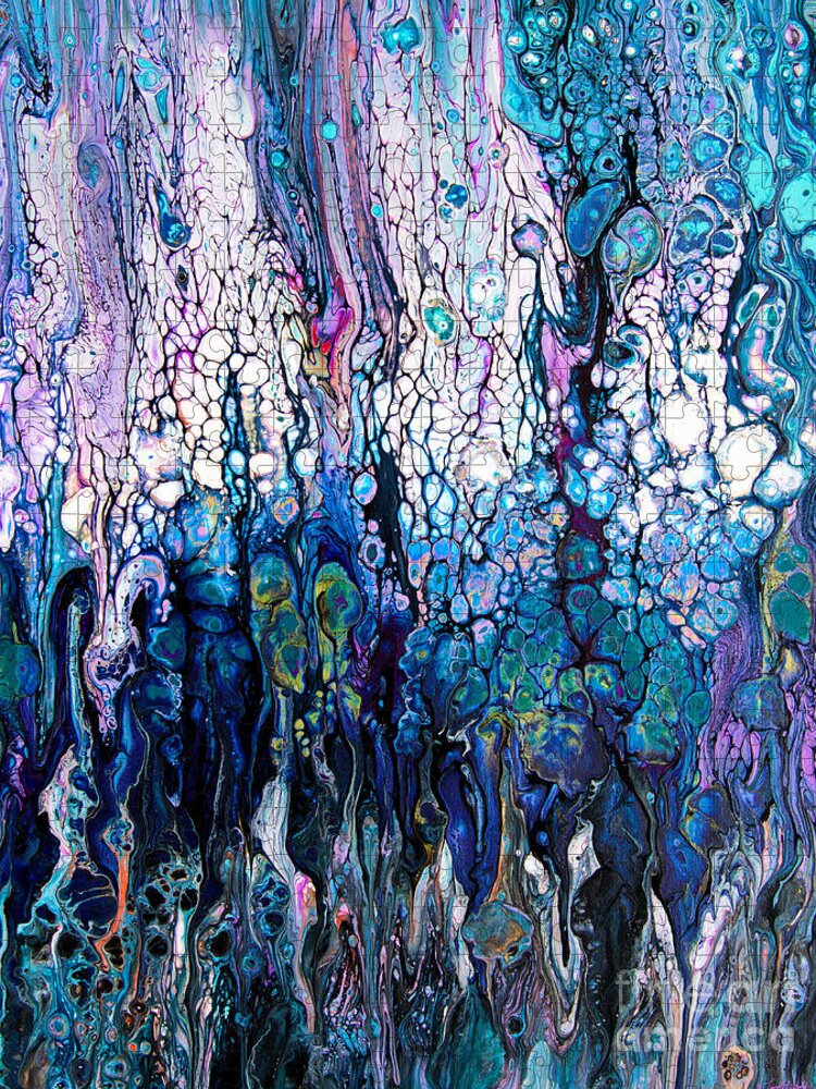 Compelling Engaging Ocean Colors Under Sea-vista Water Blue Bubbles Wave-foam Dynamic-pattern Vibrant Serene-colors Exciting Beautiful Full Of Colorful Horizontal Movement Jigsaw Puzzle featuring the painting Wave traces #2414 by Priscilla Batzell Expressionist Art Studio Gallery
