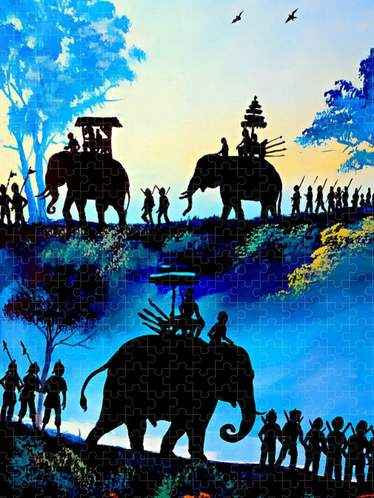 Elephants Jigsaw Puzzle featuring the painting We March At Sunrise by Ian Gledhill