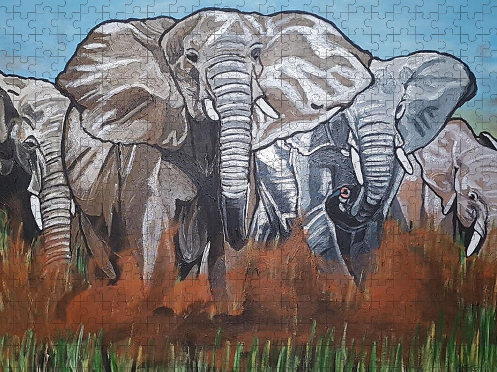 Elephants Jigsaw Puzzle featuring the painting We Ready For De Road by Rachel Natalie Rawlins