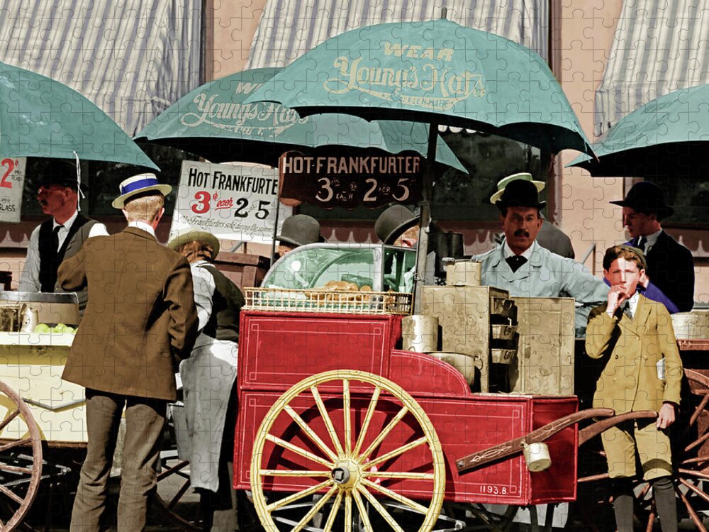 Wingsdomain Jigsaw Puzzle featuring the photograph Wear Youngs Hats At Frankfurter Hot Dog Stands 3 Cents Each 20170707 square v2 colorized by Wingsdomain Art and Photography