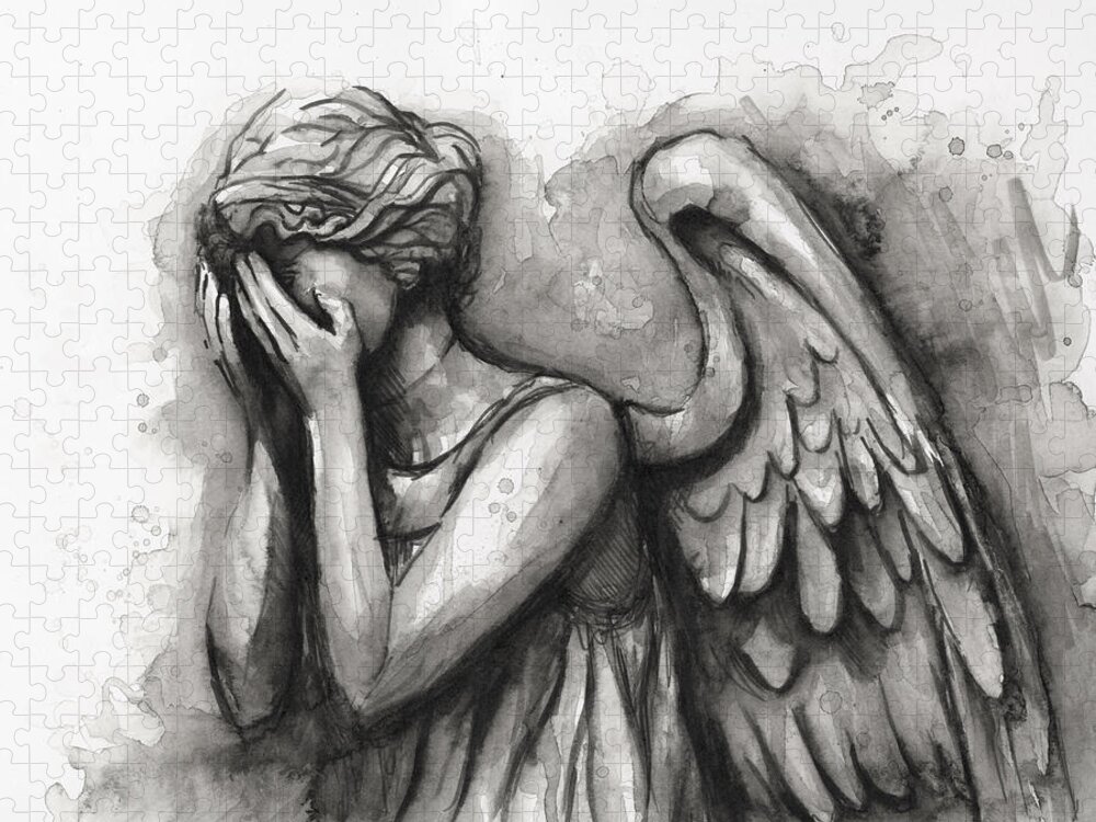 Weeping Angel Jigsaw Puzzle featuring the painting Weeping Angel Watercolor by Olga Shvartsur