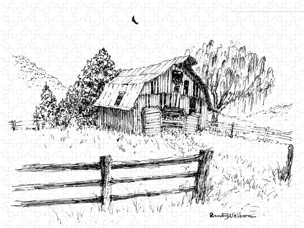Weeping Willow Jigsaw Puzzle featuring the drawing Weeping Willow and Barn One by Randy Welborn