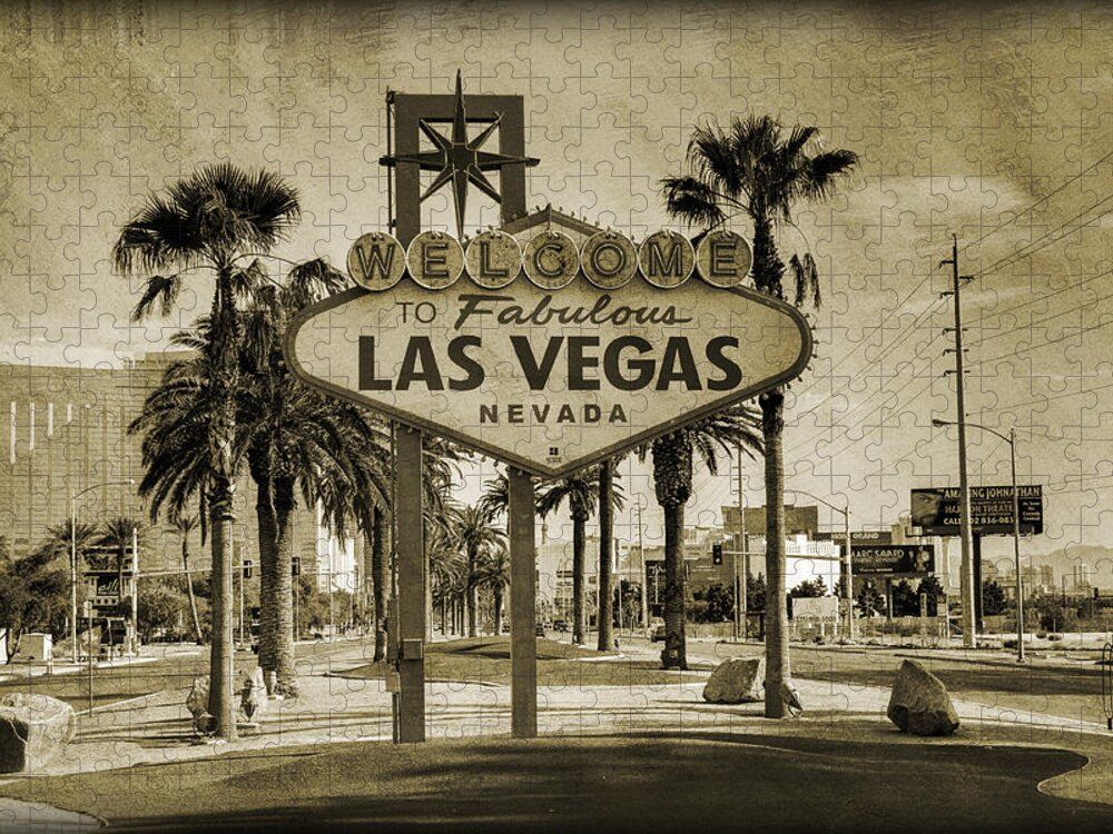 #faatoppicks Jigsaw Puzzle featuring the photograph Welcome To Las Vegas Series Sepia Grunge by Ricky Barnard