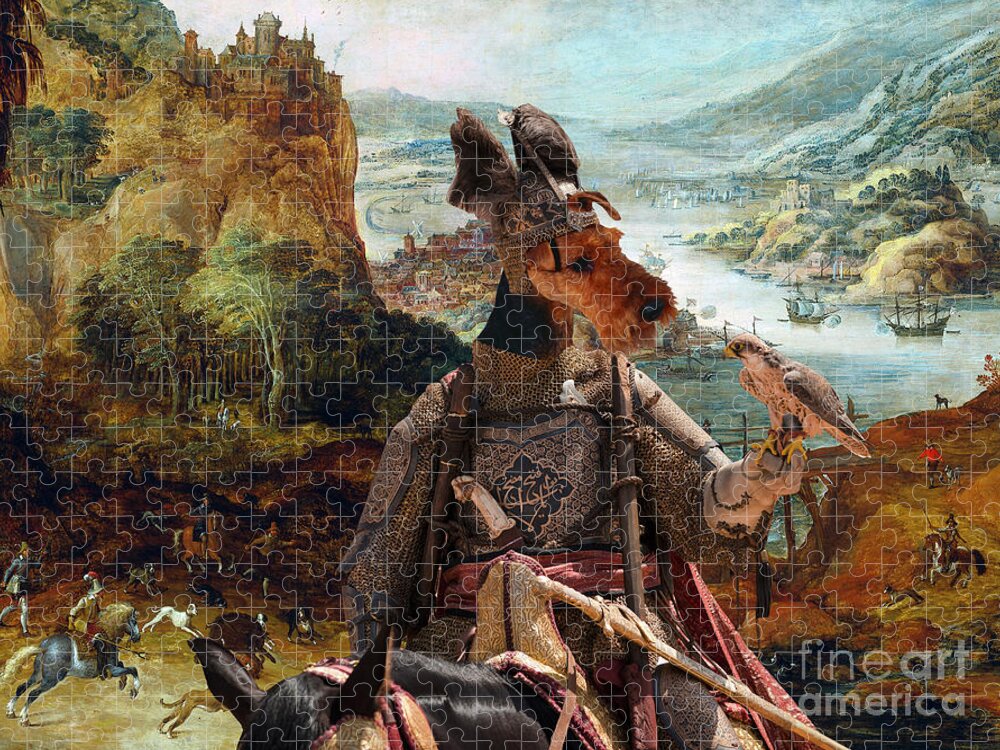 Welsh Terrier Jigsaw Puzzle featuring the painting Welsh Terrier Art - The Falconer Party by Sandra Sij