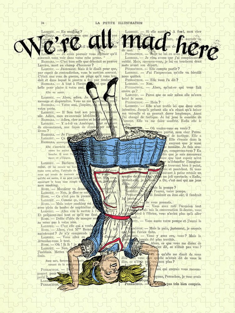 Alice In Wonderland Jigsaw Puzzle featuring the digital art We're all mad here Alice in wonderland dictionary art print by Madame Memento