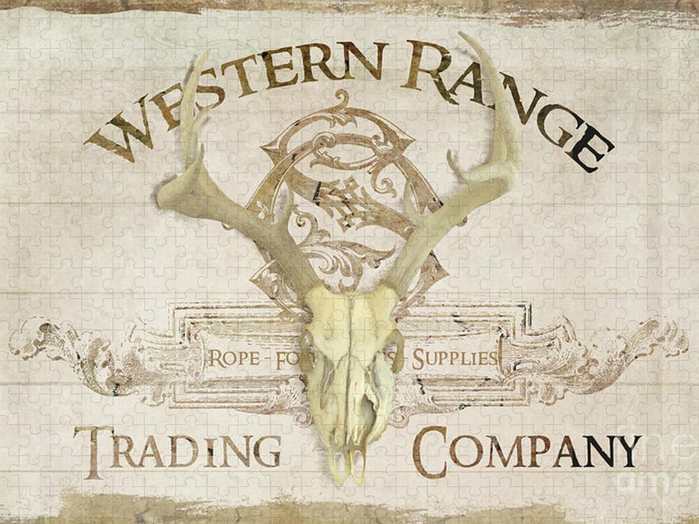Western Jigsaw Puzzle featuring the painting Western Range 3 Old West Deer Skull Wooden Sign Trading Company by Audrey Jeanne Roberts