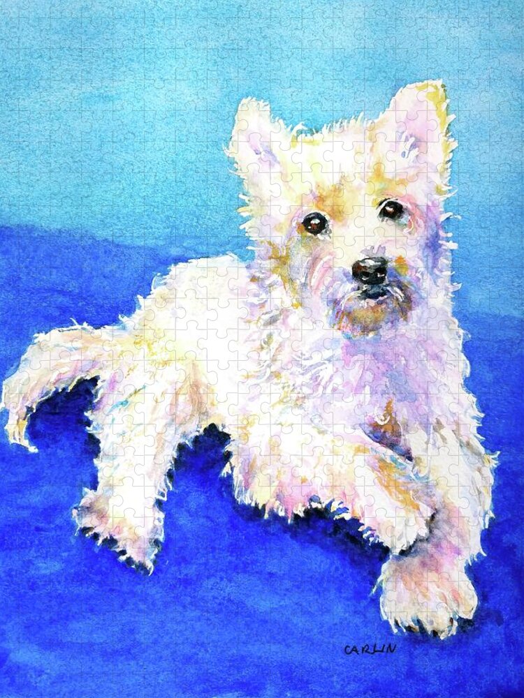 West Highland Terrier Jigsaw Puzzle featuring the painting Westie Painting in Watercolor by Carlin Blahnik CarlinArtWatercolor