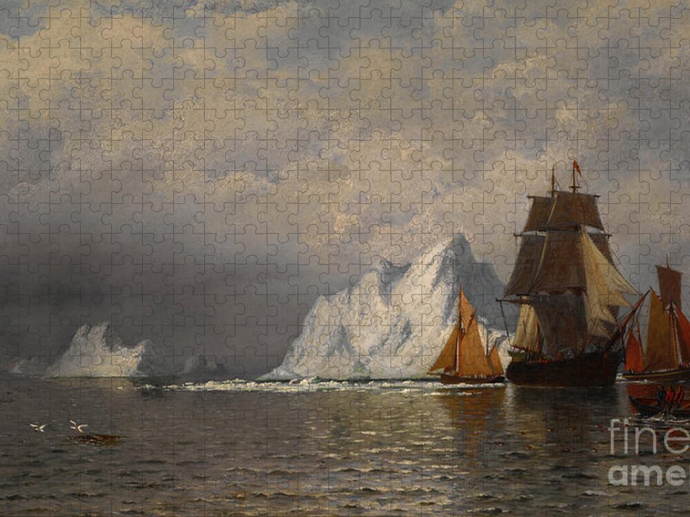 Whaler And Fishing Vessels Near The Coast Of Labrador Jigsaw Puzzle featuring the painting Whaler And Fishing Vessels Near The Coast Of Labrador by Celestial Images