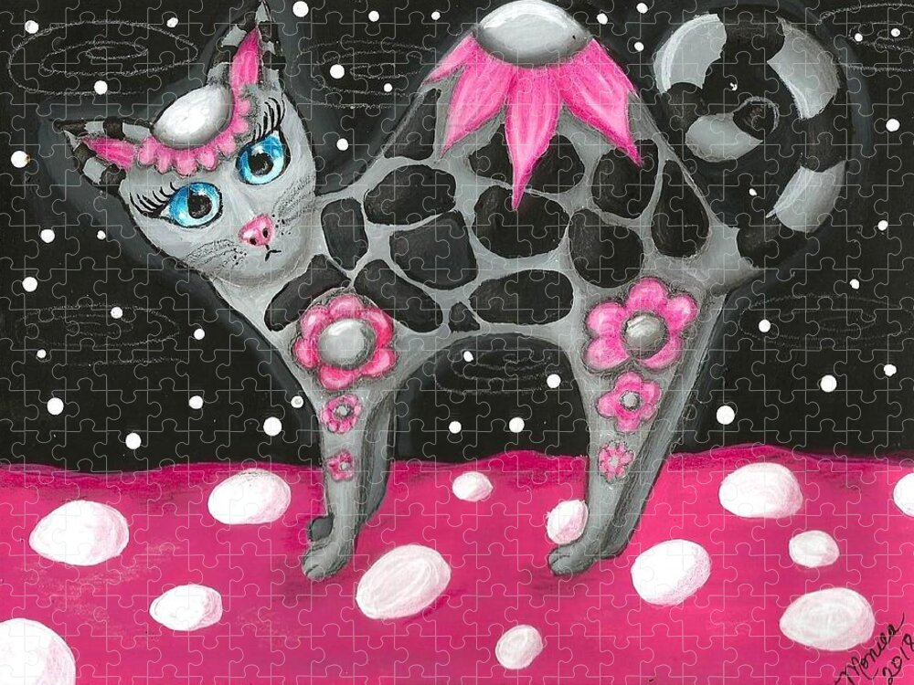 Pink Black Whimsical Kitty Cat Polka Dot Grey Blue Eyes Painting Colorful Vibrant Fun Jigsaw Puzzle featuring the painting Whimsical Black Pink Floral Kitty Cat by Monica Resinger