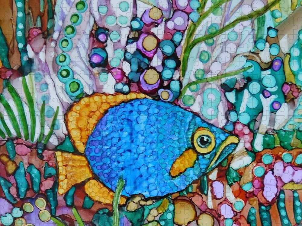 Imaginary Jigsaw Puzzle featuring the painting Whimsical Blue and Gold Fish by Joan Clear