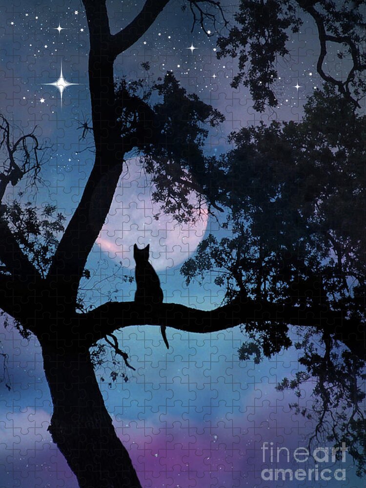 Cat Jigsaw Puzzle featuring the photograph Whimsical Cat and Moon Making a Wish by Stephanie Laird