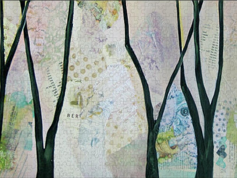 Tree Trees Green Emerald Sage Lime Celadon Soft Blue Silver Gray Poetry Poem Silhouette Contrast Transitional Blue Purple Plum Mist Forest Trails Abstract Nature Inspired Quite Reflection Whimsical Soft Accent Jigsaw Puzzle featuring the painting Whimsy I by Shadia Derbyshire