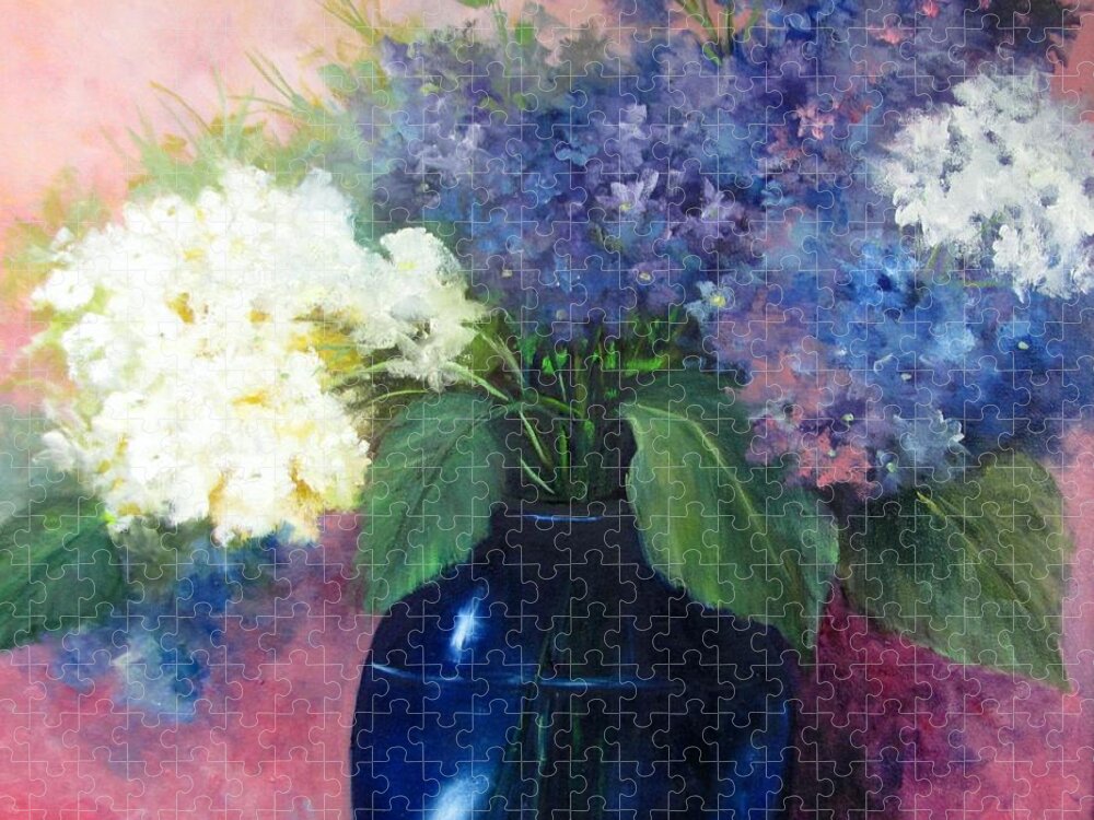 Flowers Jigsaw Puzzle featuring the painting White and Blue Hydrangeas by Barbara Haviland