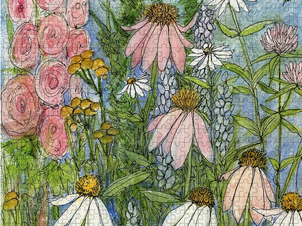 Nature Jigsaw Puzzle featuring the painting White Coneflowers in Garden by Laurie Rohner