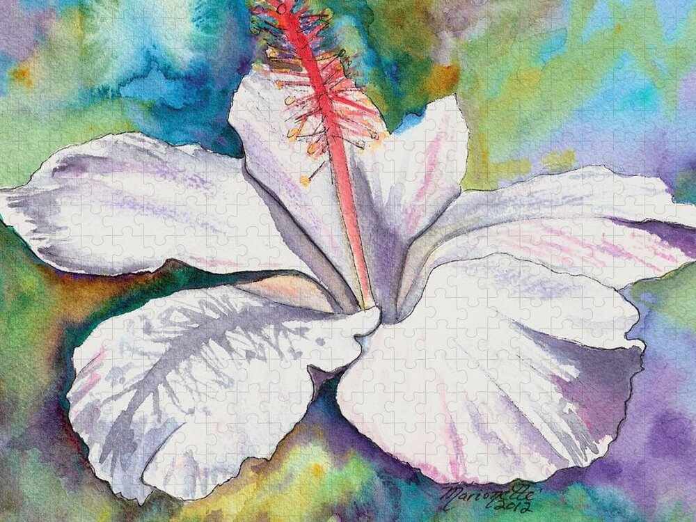 White Hibiscus Jigsaw Puzzle featuring the painting White Hibiscus Waimeae by Marionette Taboniar