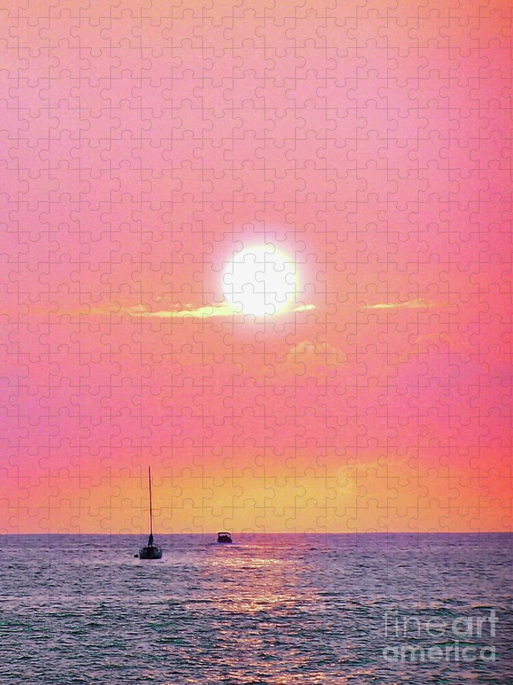 Black Boats In Silhouette Await The Final Moments As This Hot Hawaiian Sun Sinks Into The Delicious Blue Blue Sea..a Saturated Pink Sky And Wisps Of Yellow And Orange Clouds Linger Underneath. Jigsaw Puzzle featuring the photograph White hot sun bright pink Hawaiian seaside sky by Priscilla Batzell Expressionist Art Studio Gallery
