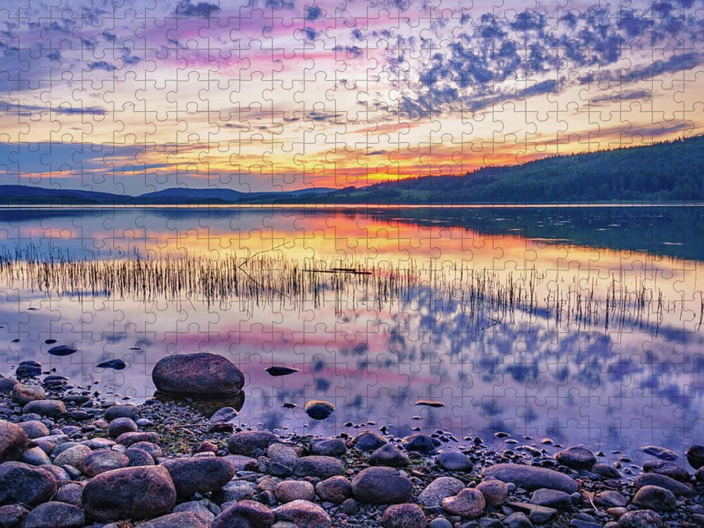 Europe Jigsaw Puzzle featuring the photograph White night sunset on a Swedish lake by Dmytro Korol