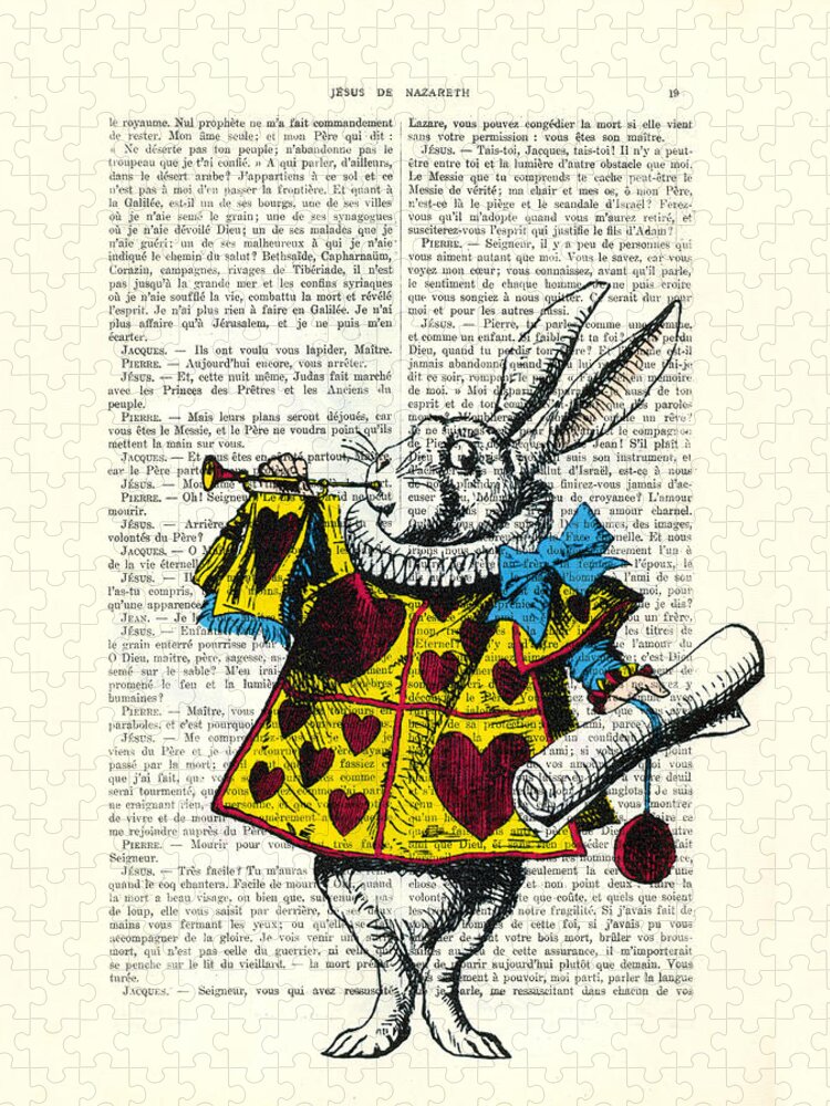 White Rabbit Jigsaw Puzzle featuring the digital art White rabbit blows his trumpet three times alice in wondreland by Madame Memento