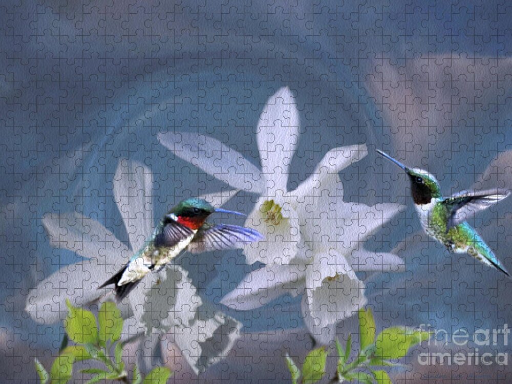 Ruby-throated Hummingbirds Jigsaw Puzzle featuring the photograph Whirlwind Hummers by Sandra Huston