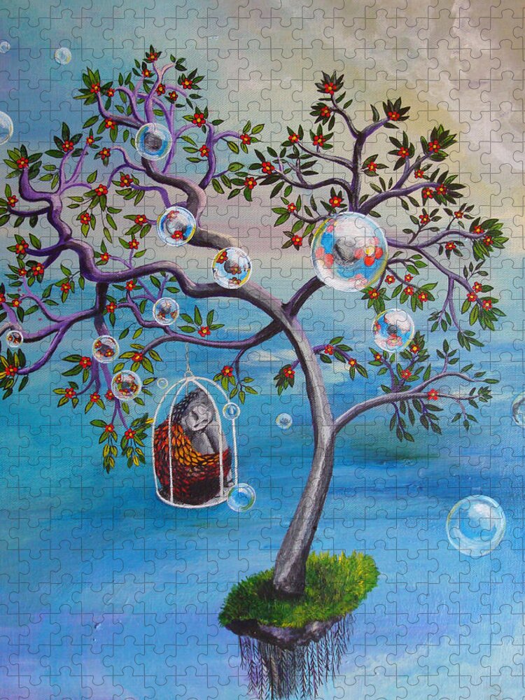 Surreal Jigsaw Puzzle featuring the painting Why The Caged Bird Sings by Mindy Huntress