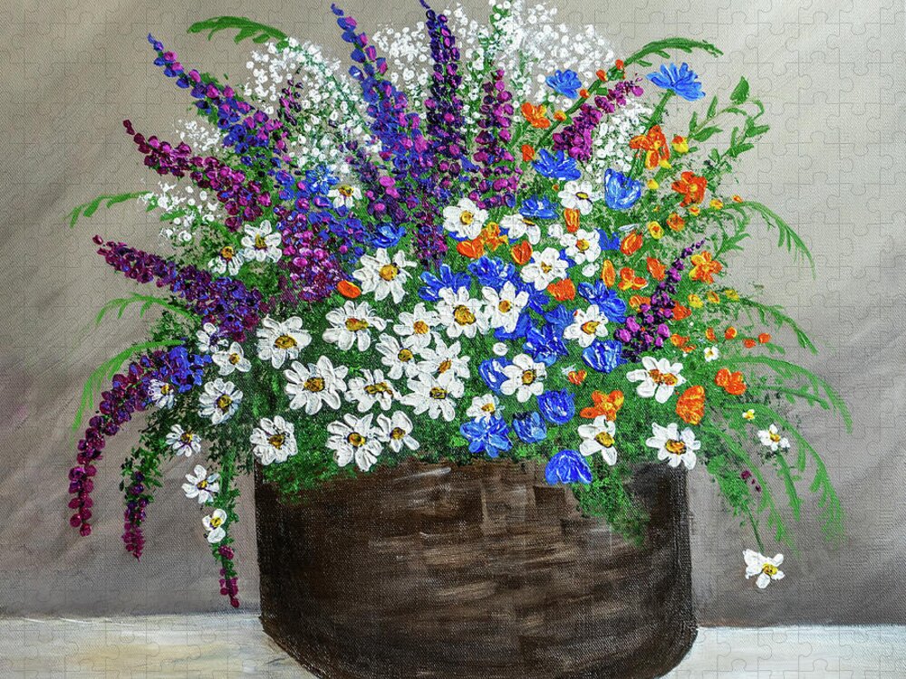 Floral Jigsaw Puzzle featuring the painting Wildflower Basket Acrylic Painting A61318 by Mas Art Studio