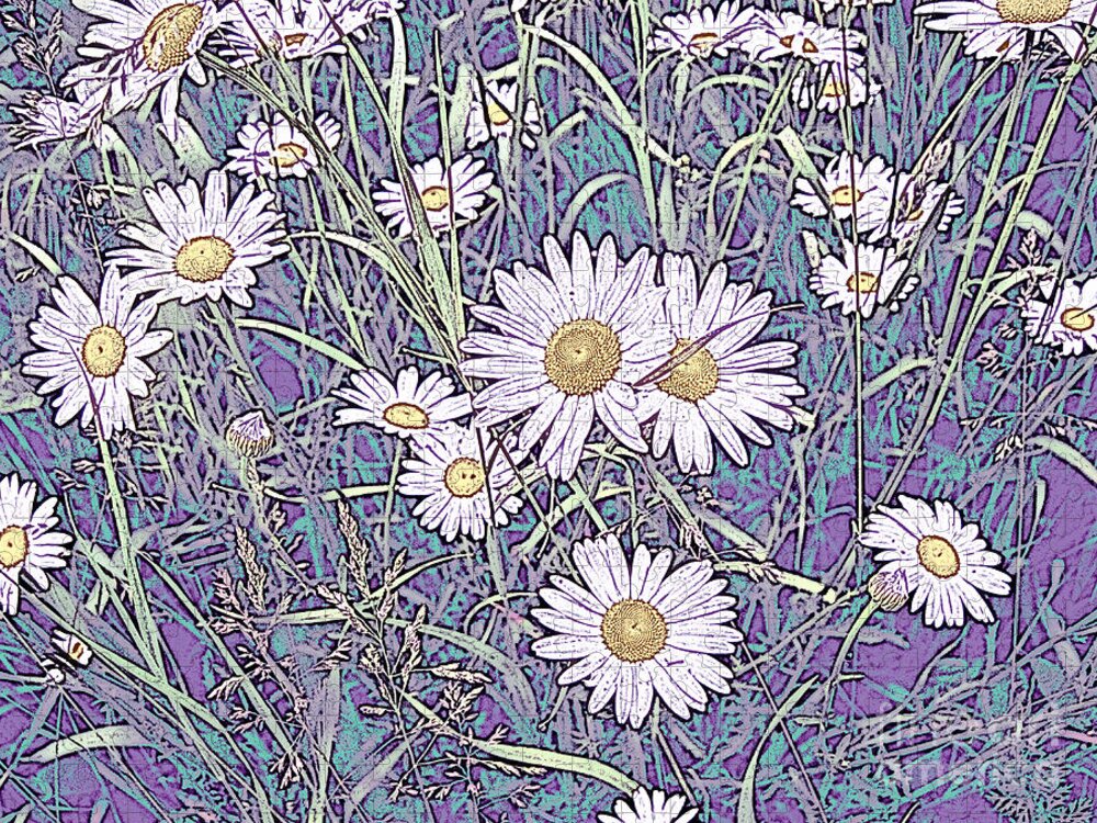 Daisies Jigsaw Puzzle featuring the photograph Wildflower Daisies in Field of Purple and Teal by Conni Schaftenaar