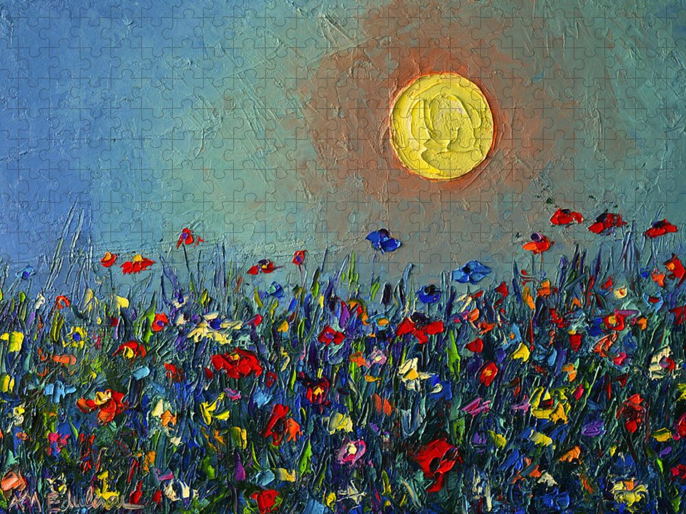 Wildflowers Jigsaw Puzzle featuring the painting Wildflowers Meadow Sunrise Modern Floral Original Palette Knife Oil Painting By Ana Maria Edulescu by Ana Maria Edulescu