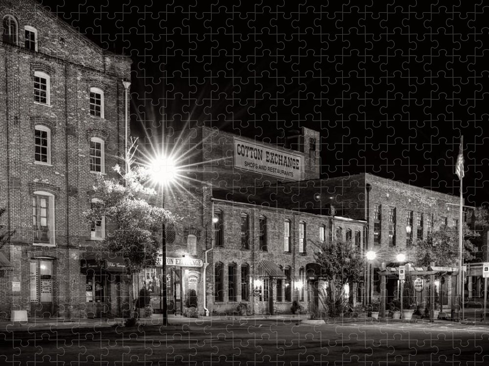 Cotton Exchange Jigsaw Puzzle featuring the photograph Wilmington Cotton Exchange At Night in Black and White by Greg and Chrystal Mimbs