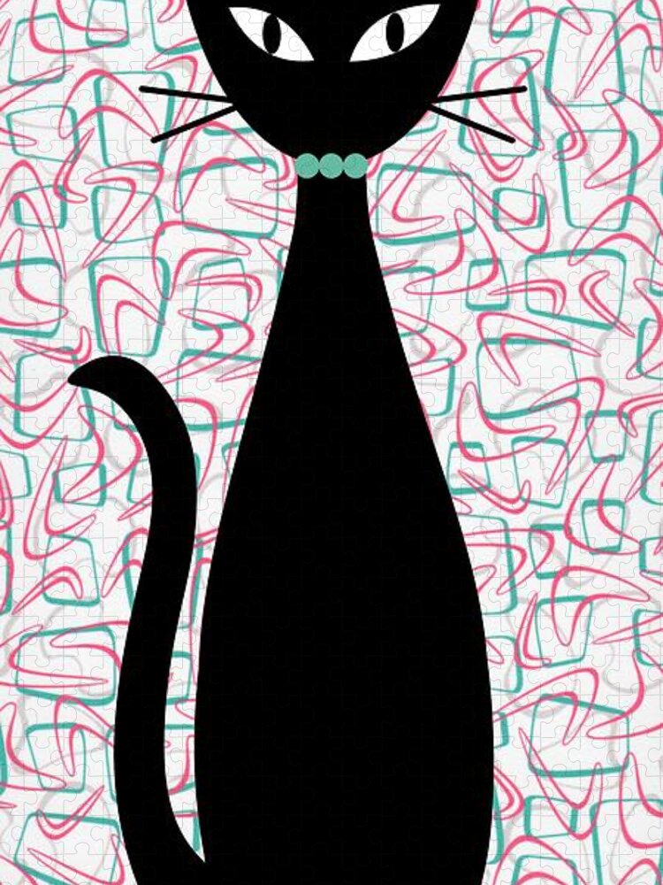 Mid Century Modern Jigsaw Puzzle featuring the digital art Boomerang Cat in Aqua and Pink by Donna Mibus