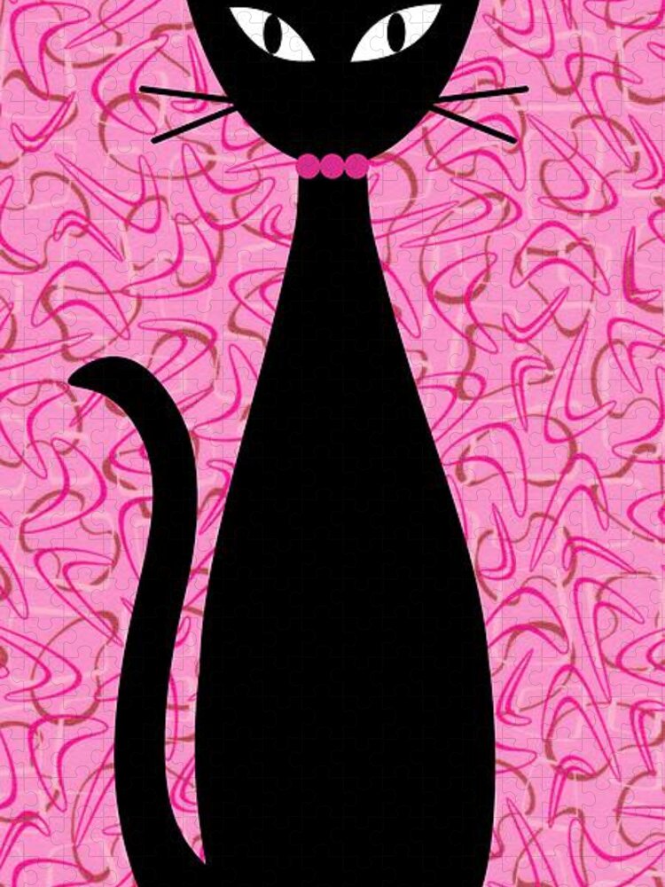 Mid Century Modern Jigsaw Puzzle featuring the digital art Boomerang Cat in Pink by Donna Mibus