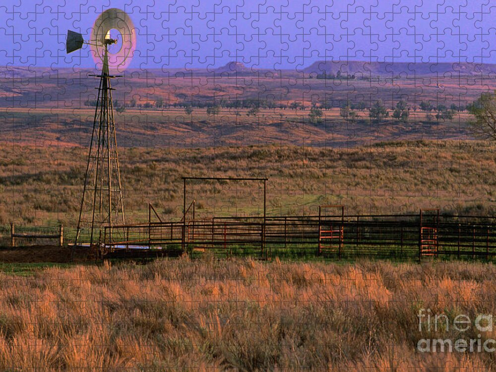 Dave Welling Jigsaw Puzzle featuring the photograph Windmill Cattle Fencing Texas Panhandle by Dave Welling