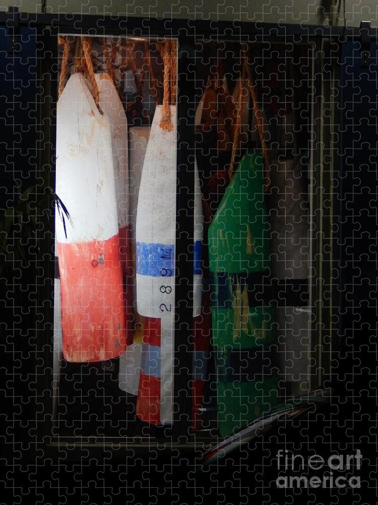 Buoys Displayed Side By Side Inside A Display Window In Downtown Key West .evening Jigsaw Puzzle featuring the photograph Window Buoys key West by Priscilla Batzell Expressionist Art Studio Gallery